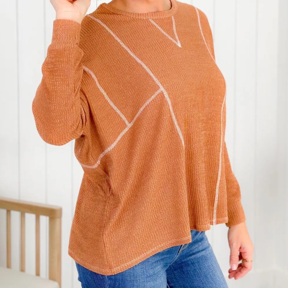 Andree by Unit Contrast Stitch Long Sleeve Top, Rust, 1X